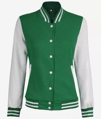 Women's Green & White Baseball-Style Letterman Bomber Jacket