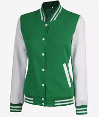 Women's Green & White Baseball-Style Letterman Bomber Jacket