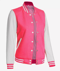 Women's Pink & White Varsity Baseball-Style Bomber Jacket