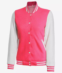 Women's Pink & White Varsity Baseball-Style Bomber Jacket