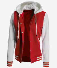 Women's Red and White Hooded Varsity Jacket - Highschool Baseball Design