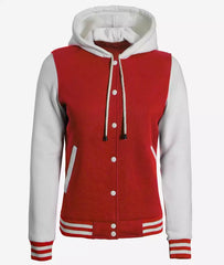 Women's Red and White Hooded Varsity Jacket - Highschool Baseball Design