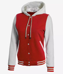Women's Red and White Hooded Varsity Jacket - Highschool Baseball Design