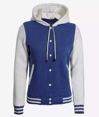 Women's Black and White Hooded Varsity Jacket with Letterman Design