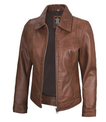 Women's Cognac Leather Harrington Jacket with a Shirt-Style Collar