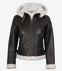 Women's Mary B3 Dark Brown Leather Jacket with Hooded Shearling