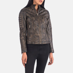 Adalyn Quilted Distressed Oak Brown Leather Biker Jacket