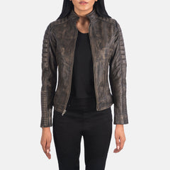 Adalyn Quilted Distressed Oak Brown Leather Biker Jacket