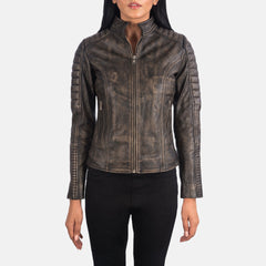 Adalyn Quilted Distressed Oak Brown Leather Biker Jacket
