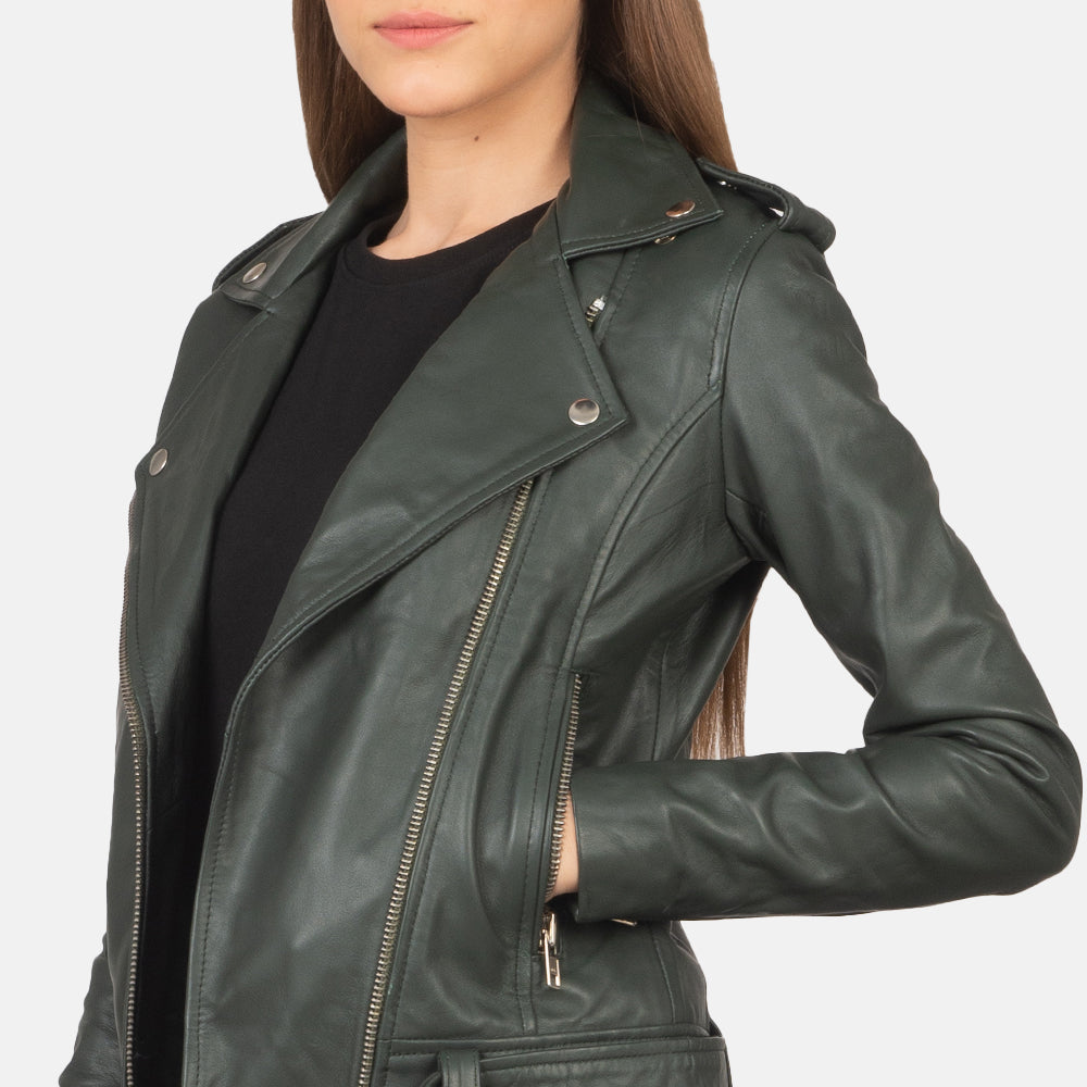 Zyra Street Biker Green Leather Jacket