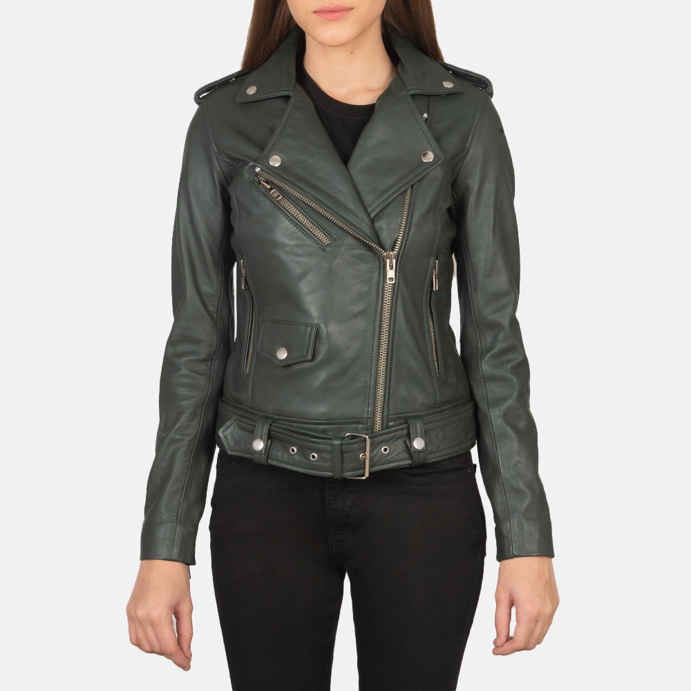 Zyra Street Biker Green Leather Jacket