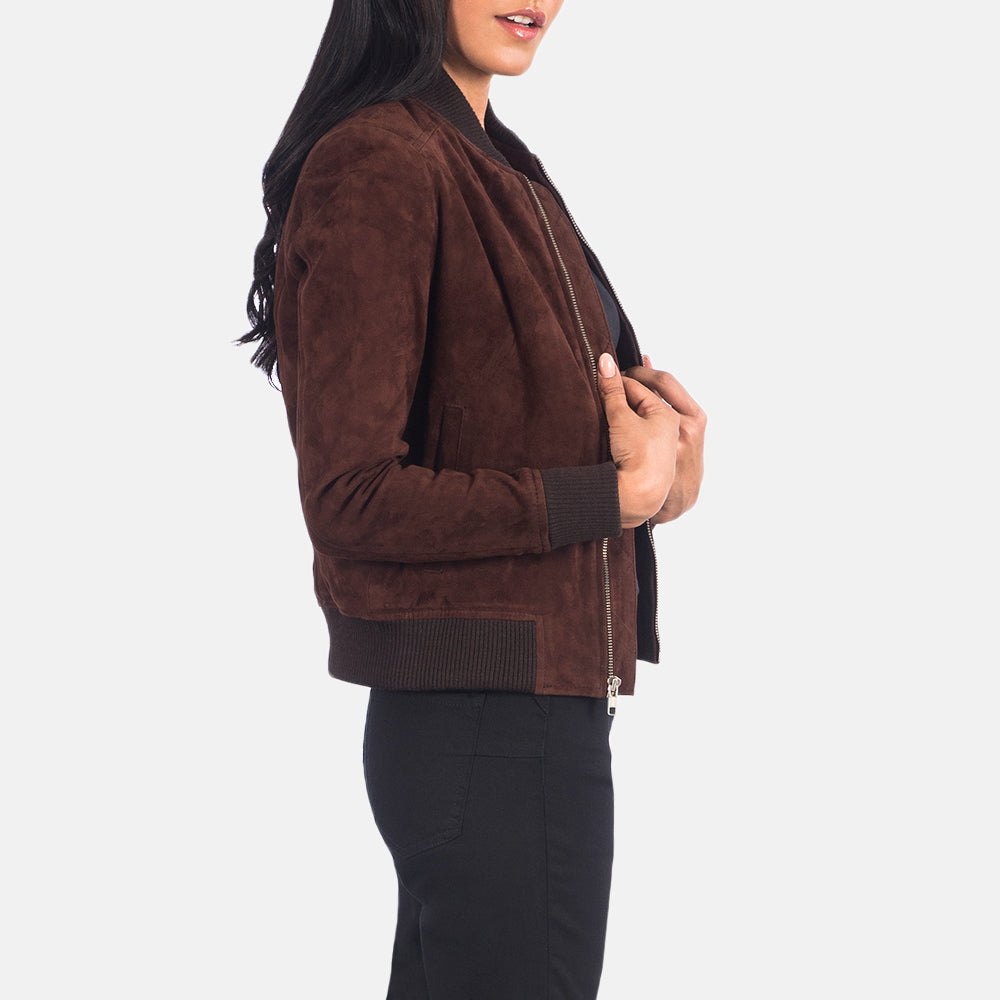 Elara Classic Women Brown Suede Bomber Jacket