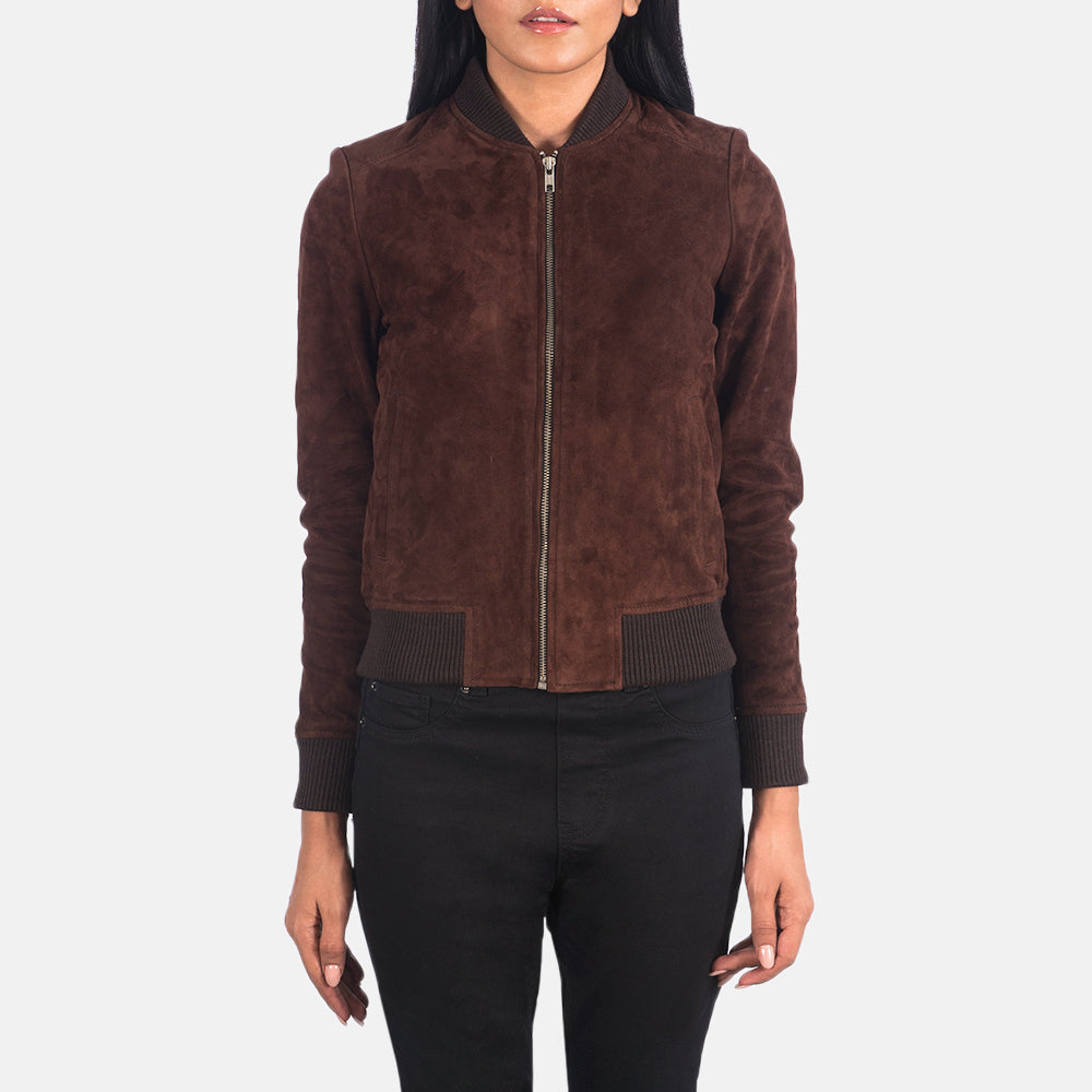 Elara Classic Women Brown Suede Bomber Jacket