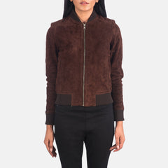 Elara Classic Women Brown Suede Bomber Jacket