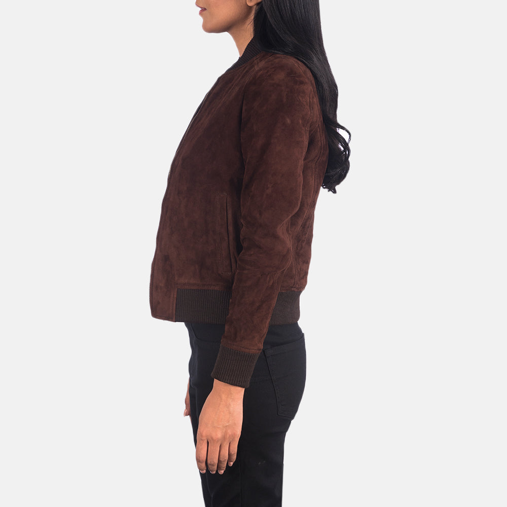 Elara Classic Women Brown Suede Bomber Jacket