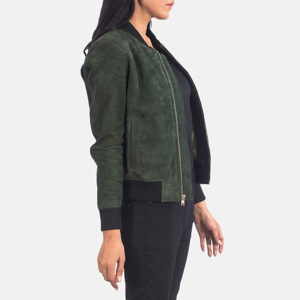 Elara Classic Women Green Suede Bomber Jacket