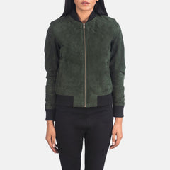 Elara Classic Women Green Suede Bomber Jacket