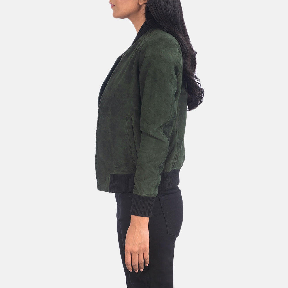 Elara Classic Women Green Suede Bomber Jacket