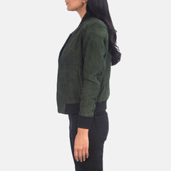 Elara Classic Women Green Suede Bomber Jacket