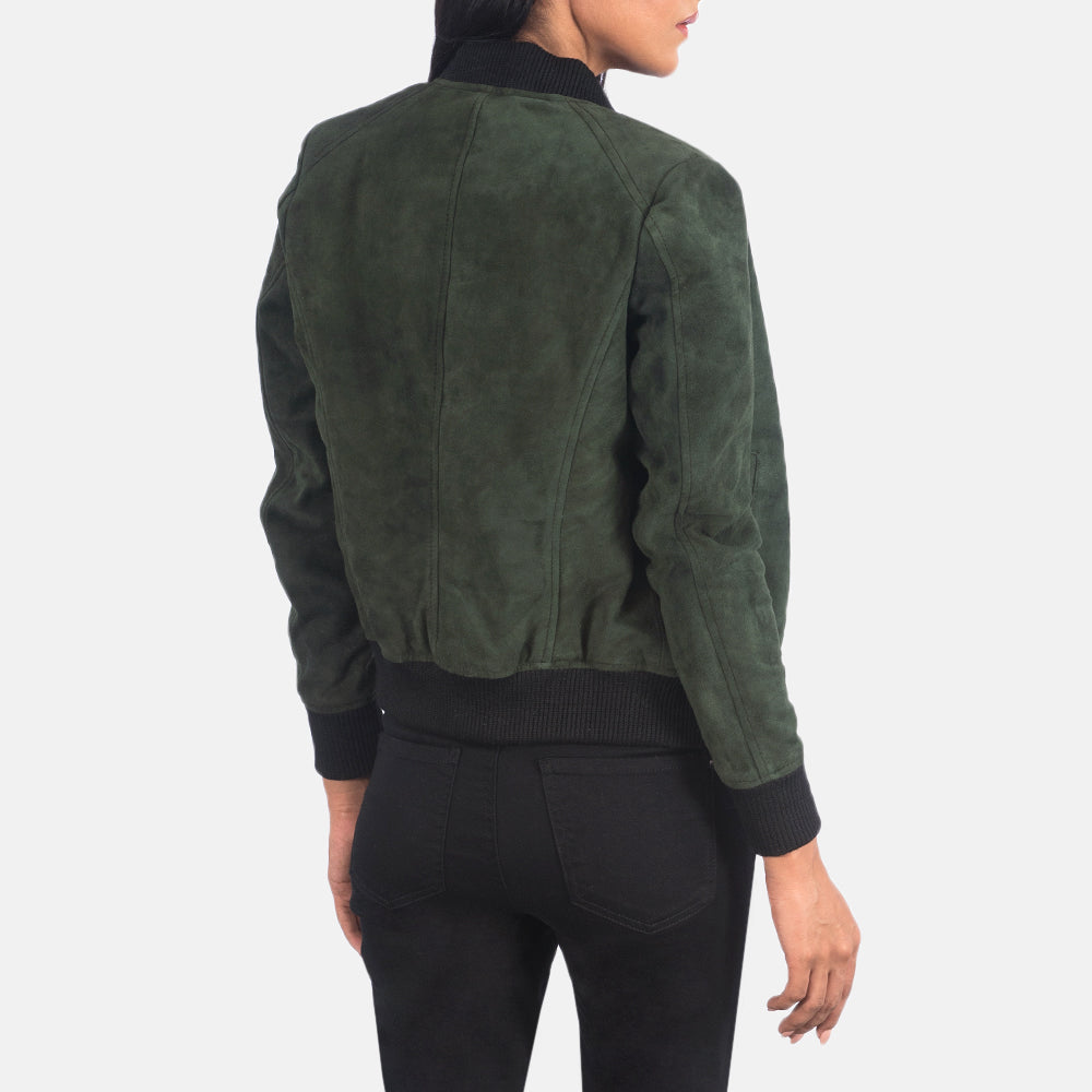 Elara Classic Women Green Suede Bomber Jacket