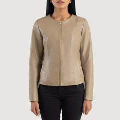 Elixir Collarless Leather Jacket In Beige