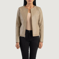 Elixir Collarless Leather Jacket In Beige