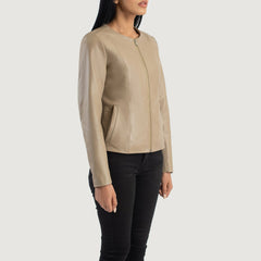 Elixir Collarless Leather Jacket In Beige