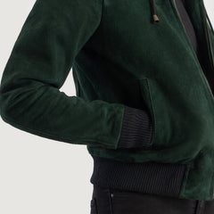 Rebella Hooded Suede Bomber Jacket In Green