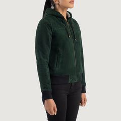 Rebella Hooded Suede Bomber Jacket In Green