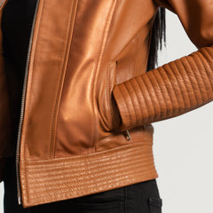 Sleeky Clean Leather Biker Jacket In Tan