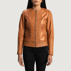 Sleeky Clean Leather Biker Jacket In Tan