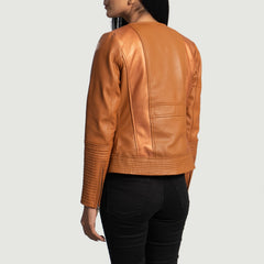 Sleeky Clean Leather Biker Jacket In Tan