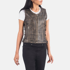 Vanda Distressed Leather Biker Vest In Brown