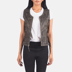 Vanda Distressed Leather Biker Vest In Brown
