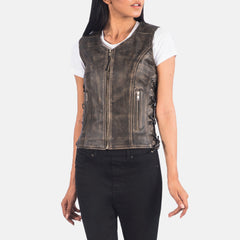 Vanda Distressed Leather Biker Vest In Brown
