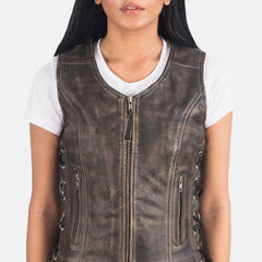 Vanda Distressed Leather Biker Vest In Brown