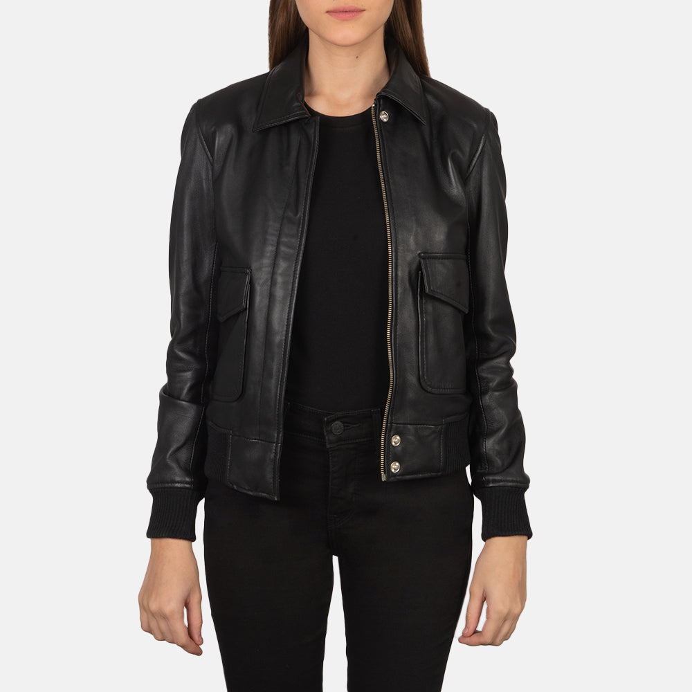 Altitude Edge Women's Black Leather Bomber Jacket