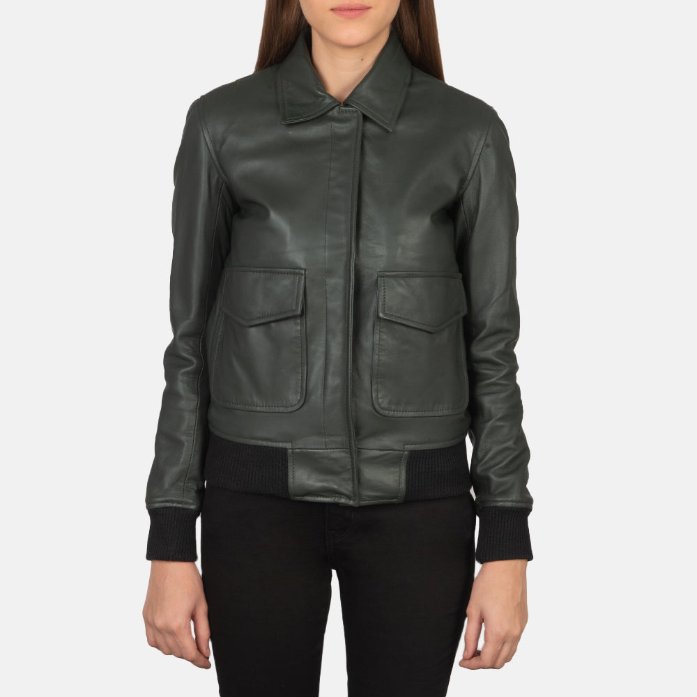Altitude Edge Women's Green Leather Bomber Jacket
