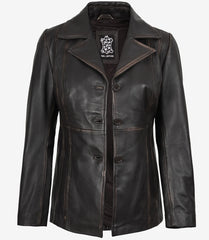 Women's Distressed Brown Leather Blazer with Three Buttons