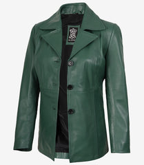 Women's Green Leather Blazer with Three Buttons