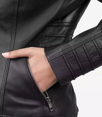 Helen Women's Tall Black Real Leather Jacket with Detachable Hood