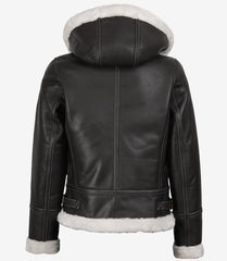 Women's Mary B3 Dark Brown Leather Jacket with Hooded Shearling