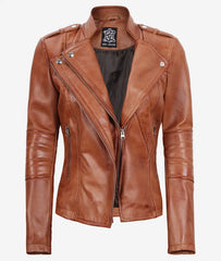 Women's Tan Leather Jacket with Asymmetrical Biker Style
