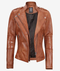 Women's Tan Leather Jacket with Asymmetrical Biker Style