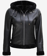 Women's Black Leather Aviator Jacket – Shearling & Hooded