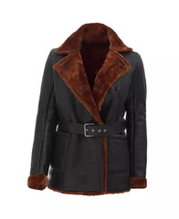 Women's Belted Black Shearling Leather Coat – Double-Breasted