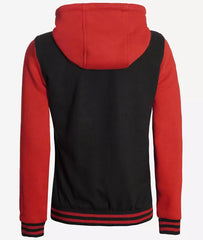 Women's Black and Red Hooded Varsity Jacket with Baseball Design