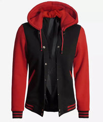 Women's Black and Red Hooded Varsity Jacket with Baseball Design