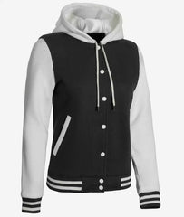Women's Black and White Hooded Varsity Jacket with Letterman Design