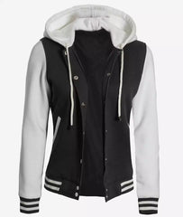 Women's Black and White Hooded Varsity Jacket with Letterman Design